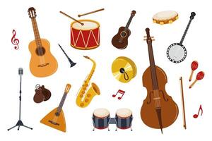Musical instruments illustrated in a vibrant arrangement showcasing diverse sounds and styles vector