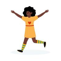 Girl in a yellow dress joyfully running with arms open in a playful manner vector