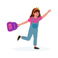 Young girl happily walking with a backpack in a cheerful and playful manner vector