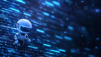 A futuristic robot navigating through a digital landscape filled with bright blue data streams, representing advanced technology and artificial intelligence in action. photo