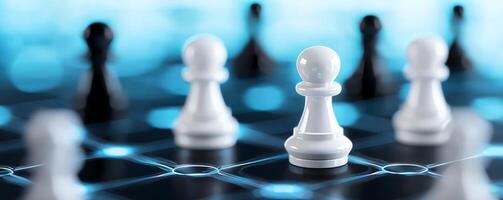 A close-up view of chess pawns on a futuristic game board. The sharp focus highlights the contrast between white and black pieces, symbolizing strategy, competition, and intellect. photo