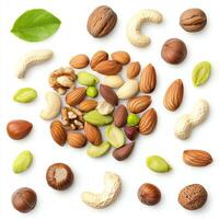 An array of assorted nuts including almonds, cashews, and walnuts, showcasing their unique textures and earthy colors, perfect for healthy snacking and culinary uses. photo