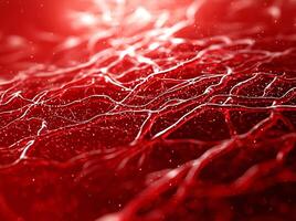 A close-up view of intricate red veins, showcasing dynamic textures and subtle details. This image represents the complexity of biological structures in a vibrant manner. photo