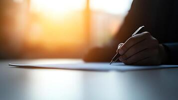 A close-up of a person's hand writing with a pen on paper, beautifully lit by the soft glow of sunlight in the background. The scene captures focus and creativity in action. photo