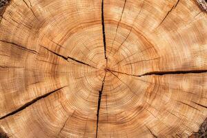 A close-up view of a tree stump showcasing its intricate growth rings and natural textures. This image highlights the beauty and detail of nature's craftsmanship in wood. photo