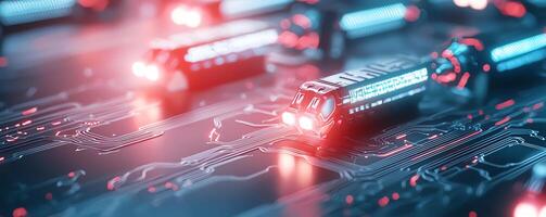 A detailed close-up of a circuit board with illuminated components, showcasing advanced technology and intricate designs. Perfect for themes of innovation and modern electronics. photo