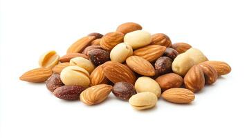 An assortment of mixed nuts including almonds, cashews, and peanuts, showcasing their natural textures and colors. Perfect for healthy snacking or culinary uses. photo