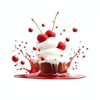 A delicious cupcake adorned with fluffy frosting and fresh raspberries, splashed with vibrant red syrup, creating a visually appealing dessert perfect for any occasion. photo