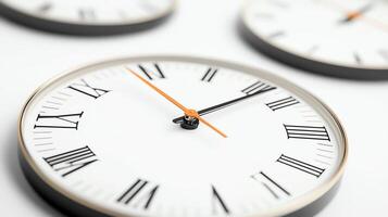 A close-up view of decorative clocks featuring Roman numerals, each ticking away the seconds. Ideal for concepts related to time management, punctuality, and productivity. photo