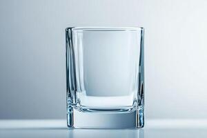 A clear glass sits elegantly on a soft gradient background. The minimalist design emphasizes the glass's clarity and shape, perfect for showcasing drinks or liquids. photo