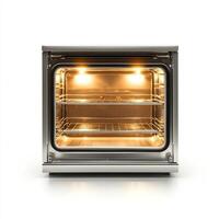 Modern oven with bright interior lighting, showcasing a sleek and clean design. Perfect for cooking enthusiasts seeking elegance and functionality in their kitchen. photo