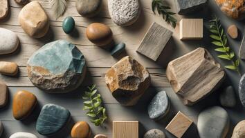Rocks and stones on a wooden background photo