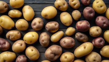 Fresh raw potatoes in various shades of yellow and brown scattered on a dark wooden surface viewed from above with ample empty space for text. photo