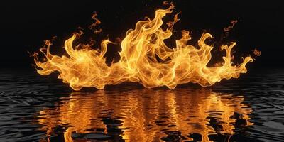 Flames dancing above a reflective surface creating an intense visual display of light and heat. photo