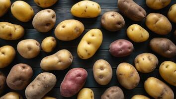 Fresh raw potatoes in various shades of yellow and brown scattered on a dark wooden surface viewed from above with ample empty space for text photo