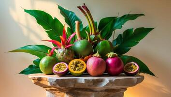 Exotic Tropical Fruits A Natural Stone Display in Serene Light. photo