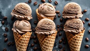 Chocolate ice cream scoops in cones with coffee beans on textured gray background Copy Space photo
