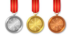 Set of medals gold, silver and bronze, Award with red ribbon. Illustration vector