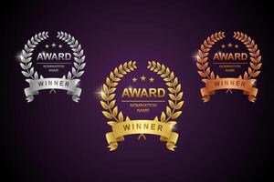 Awards logotype set. Gold, silver and bronze with abstrack background vector