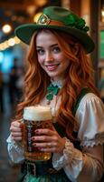 Irish Girl in St. Patrick's Day Outfit Smiling with Beer in Hand vertical pub photo