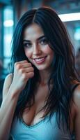 vertical image Strong Woman in Gym Smiling and Showing Fist to Camera photo