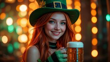 Irish Girl in St. Patrick's Day Outfit Smiling with Beer in Hand horizontal light photo