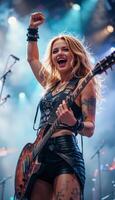 Blonde Rock Woman Screaming and Energizing the Crowd at a Concert, fist up vertical photo