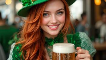Irish Girl in St. Patrick's Day Outfit Smiling with Beer in Hand, close up photo