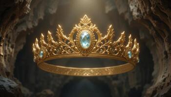 Glowing Jeweled Golden Crown Fantasy Treasure in a Mysterious Cave photo