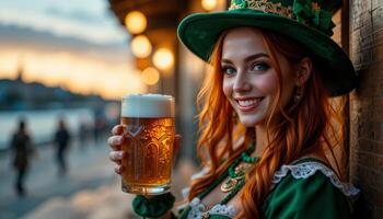 Irish Girl in St. Patrick's Day Outfit Smiling with Beer in Hand pub photo