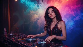 Stunning DJ Woman Mixing Beautiful Artist with Colorful Smoke and Lights copy space photo