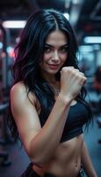 Strong Woman in Gym Smiling and Showing Fist looking at Camera photo