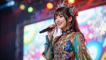 Japanese Idol Singer Performing on Stage with Colorful Lights and Smoke photo