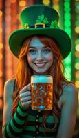 Irish Girl in St. Patrick's Day Outfit Smiling with Beer in Hand vertical lights photo
