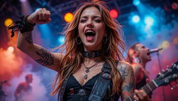 Blonde Rock Woman Screaming and Energizing the Crowd at a Concert, screaming with fist up photo