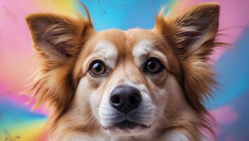 A close up of a dog's face on a colorful background. photo