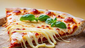 Cheesy Delight Freshly Picked Slice of Pizza with Stretchy Golden Cheese Strings. photo