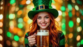Irish Girl in St. Patrick's Day Outfit Smiling with Beer in Hand frontal photo
