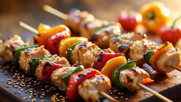 A la parrilla pollo brochetas con pimientos y sésamo semillas foto