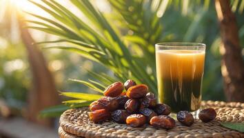 Dates and juice on a wicker basket photo