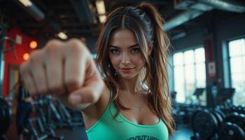 Strong Woman in Gym Smiling and Showing Fist to the viewer horizontal photo