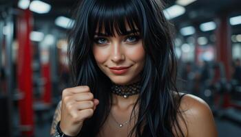 horizontal Strong Woman in Gym Smiling and Showing Fist to Camera photo