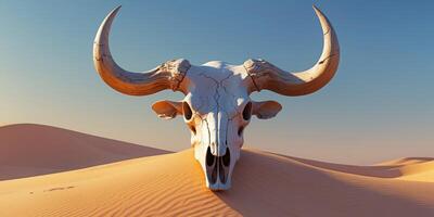A bull skull in the desert with large horns photo