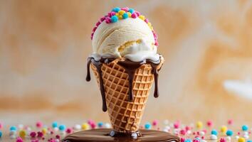 Ice cream in waffle cone with chocolate drizzle photo