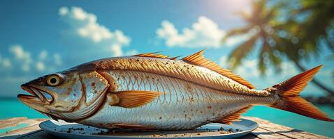 Fish on a plate on a table in front of the ocean photo
