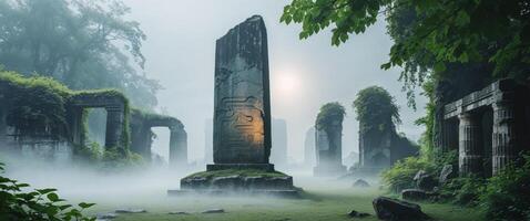 Ancient ruins in the fog with a stone monument photo