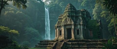 An ancient temple in the jungle with a waterfall photo