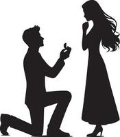 Silhouette of a man kneeling down to propose to a woman vector