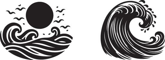 Two black and white illustrations of waves and birds vector