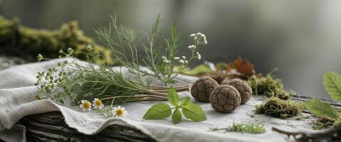 Herbs and nuts on a table with moss photo